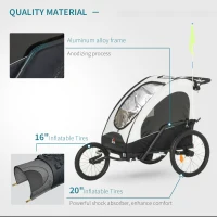 HOMCOM Child Bike Trailer 3 In1 Foldable Jogger Stroller 2-Seater Baby Stroller Transport Buggy Carrier with Shock Absorber System Rubber Tires Adjustable Handlebar Kid Bicycle Trailer White and Black(m-7)