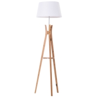HOMCOM Natural Wooden Tripod Floor Lamp Light E27 with Base and Fabric Shade, Storage Shelf, Foot Switch, 156cm, for Bedroom Living Room, White
