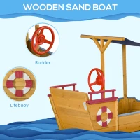 Outsunny Kids Wooden Sand Pit Children Sandbox Pirate Ship Sandboat Play Station for Outdoor w/ Canopy Shade Storage Bench Bottom Liner(m-4)
