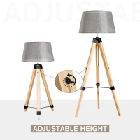 HOMCOM Floor Lights for Bedroom, Wood Floor Lamp, Grey, Tripod,for Living Room Linen Shade E27 Bulb 3.5m Electric Wire Cable Bedside(m-4)