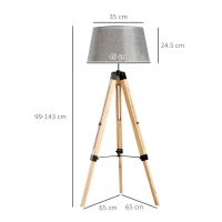 HOMCOM Floor Lights for Bedroom, Wood Floor Lamp, Grey, Tripod,for Living Room Linen Shade E27 Bulb 3.5m Electric Wire Cable Bedside(m-3)