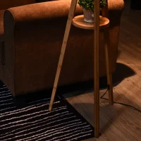 HOMCOM Natural Wooden Tripod Floor Lamp Light E27 with Base and Fabric Shade, Storage Shelf, Foot Switch, 156cm, for Bedroom Living Room, White(m-7)