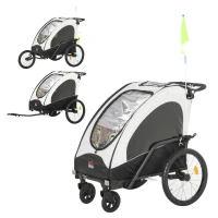 HOMCOM Child Bike Trailer 3 In1 Foldable Jogger Stroller 2-Seater Baby Stroller Transport Buggy Carrier with Shock Absorber System Rubber Tires Adjustable Handlebar Kid Bicycle Trailer White and Black(m-1)