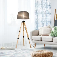 HOMCOM Floor Lights for Bedroom, Wood Floor Lamp, Grey, Tripod,for Living Room Linen Shade E27 Bulb 3.5m Electric Wire Cable Bedside(m-11)