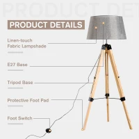HOMCOM Floor Lights for Bedroom, Wood Floor Lamp, Grey, Tripod,for Living Room Linen Shade E27 Bulb 3.5m Electric Wire Cable Bedside(m-6)