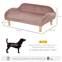 PawHut Sofá para Mascotas Tapizado en Terciopelo Suave Sofá Cama para Perros Gatos Medianos Pequeños Acolchado Grueso con Patas de Madera 70x40x28 cm Rosa(m-3)