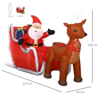 HOMCOM Babbo Natale Gonfiabile 148cm con 4 Luci a LED, Renne e Slitta, Decorazione Natalizia Impermeabile IP44(m-3)