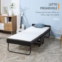 HOMCOM Brandina Pieghevole con Materasso da 10cm, Struttura in Acciaio con Ruote e Doghe, 80x200cm(m-4)