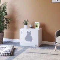 PawHut Casa para Gatos de Madeira Móvel Caixa de Areia para Gatos com Porta com Dobradiça e Orifício de Entrada em Forma de Gato Caverna para Gato 60x41x51cm Branco(m-2)