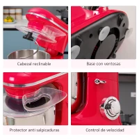 HOMCOM Batidora Amasadora para Repostería Profesional 1200W Robot de Cocina con 6 Velocidades Bol de Acero Inoxidable de 5,5 L y 3 Accesorios Incluidos 37x23x37 cm Rojo(m-7)
