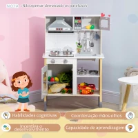 HOMCOM Cozinha Infantil de Madeira Cozinha para Crianças acima de 3 Anos com Altura Ajustável Luz Sons 60x30,5x93,2cm Branco e Cinza(m-5)