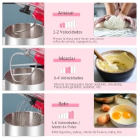 HOMCOM Batidora Amasadora para Repostería Profesional 1200W Robot de Cocina con 6 Velocidades Bol de Acero Inoxidable de 5,5 L y 3 Accesorios Incluidos 37x23x37 cm Rojo(m-5)