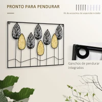 HOMCOM Decoração de Parede de Metal 3D Folhas de Abeto Arte de Parede Suspensa 40x60cm Preto e Amarelo(m-6)