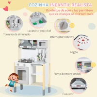 HOMCOM Cozinha Infantil de Madeira Cozinha para Crianças acima de 3 Anos com Altura Ajustável Luz Sons 60x30,5x93,2cm Branco e Cinza(m-4)