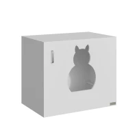 PawHut Casa para Gatos de Madeira Móvel Caixa de Areia para Gatos com Porta com Dobradiça e Orifício de Entrada em Forma de Gato Caverna para Gato 60x41x51cm Branco(m-1)