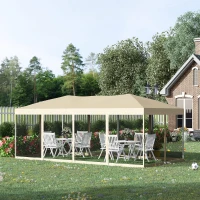 Outsunny Carpa Plegable 6x3 m Cenador para Jardín Gazebo con 6 Cortinas Mosquitera y Cremallera Bolsa de Transporte Impermeable para Exterior Crema(m-2)