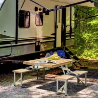 Outsunny Mesa Plegable para Camping Picnic Playa con 4 Asientos y Agujero de Sombrilla Marco de Aluminio 138x85x68 cm Natural(m-10)