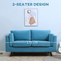 HOMCOM Divano 2 Posti Moderno con Braccioli Imbottiti, in Tessuto Effetto Velluto e Gambe in Legno, 170x90x85 cm, Blu(m-7)