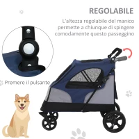 PawHut Passeggino per Cani fino a 30kg Pieghevole con Manubrio Regolabile, Grigio e Blu(m-4)