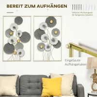 HOMCOM Dekoracje Ścienne Metalowe W Zestawie 2 sztuki, Design 3D, Motyw Liścia Lotosu, Jasnoszary + Ciemnoszary(m-5)