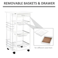 HOMCOM Carucior de Bucatarie cu Economisire de Spatiu din Lemn Alb cu 4 Roti 3 Cosuri Detasabile(m-6)