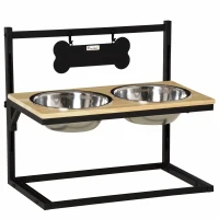 PawHut Ciotole per Cani Rialzate con Altezza Regolabile in Legno e Acciaio Inox, 58x32x50cm, Colore Naturale(m-1)