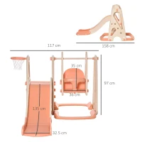HOMCOM Scivolo per Bambini con Altalena e Canestro, Scivolo per Bimbi da Giardino o Cameretta, Età 18 mesi-5 anni, Rosa e Beige(m-3)