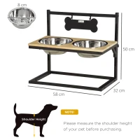 PawHut Ciotole per Cani Rialzate con Altezza Regolabile in Legno e Acciaio Inox, 58x32x50cm, Colore Naturale(m-3)