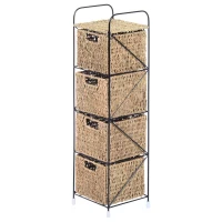 HOMCOM Mobilier cu 4 Coșuri pentru Casă din Alge marine și Fier, 20x20x78cm Negru și culoare naturală(m-1)