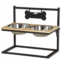 PawHut Ciotole per Cani Rialzate con Altezza Regolabile in Legno e Acciaio Inox, 58x32x50cm, Colore Naturale(m-11)