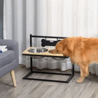 PawHut Ciotole per Cani Rialzate con Altezza Regolabile in Legno e Acciaio Inox, 58x32x50cm, Colore Naturale(m-2)