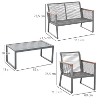Outsunny Conjunto de móveis de jardim de 4 peças vime com 1 mesa de centro 1 sofá duplo e 2 cadeiras Almofadas acolchoadas para pátio terraço Cinza(m-3)