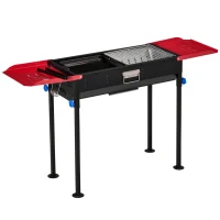 Outsunny Barbecue a Carbonella Portatile ad Altezza regolabile con Griglia e Teglia, 120x31x60-70 cm, Nero e Rosso(m-1)