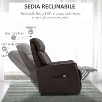 HOMCOM Poltrona Elettrica Alzapersone Reclinabile 145°, Poltrona Relax Elettrica in Pelle PU con Telecomando, Tasche Laterali e Poggiapiedi Integrato, Marrone(m-6)