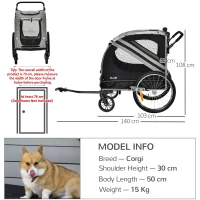 PawHut 2-In-1 Pet Bike Trailer Dog Stroller Pushchair with Universal Wheel Reflector Flag Grey(m-3)