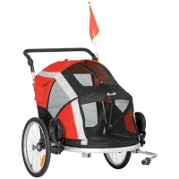 PawHut Dog Bike Trailer 2-in-1 Pet Stroller for Large Dogs Cart Foldable Bicycle Carrier Aluminium Frame with Safety Leash Hitch Coupler Reflector Flag Red(m-1)