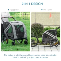 PawHut 2-In-1 Pet Bike Trailer Dog Stroller Pushchair with Universal Wheel Reflector Flag Grey(m-4)