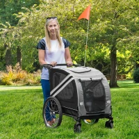 PawHut 2-In-1 Pet Bike Trailer Dog Stroller Pushchair with Universal Wheel Reflector Flag Grey(m-2)