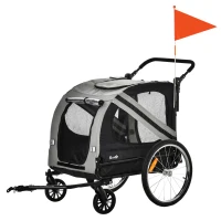 PawHut 2-In-1 Pet Bike Trailer Dog Stroller Pushchair with Universal Wheel Reflector Flag Grey(m-1)