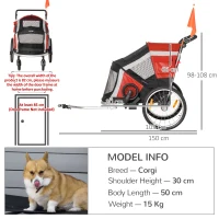PawHut Dog Bike Trailer 2-in-1 Pet Stroller for Large Dogs Cart Foldable Bicycle Carrier Aluminium Frame with Safety Leash Hitch Coupler Reflector Flag Red(m-3)