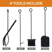 HOMCOM Suport pentru Lemne din Oțel, Suport pentru Lemne pentru Șemineu cu Vatrai, Perie și Clește, 46x30x76 cm, Negru(m-4)