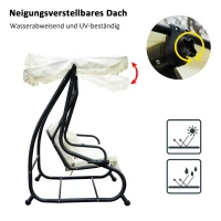 Huśtawka Ogrodowa Outsunny 3-osobowa z Regulowanym Daszkiem, Siedziskiem i Oparciem, Tacką, Ławką do Kołysania, Daszkiem Regulowanym, Stal i Tkanina Poliestrowa, Kremowa, 200 x 120 x 164 cm(m-5)