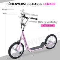 HOMCOM kinderstep step scooter stadsscooter kinderen scooter kickboard vanaf vijf jaar 16 inch roze 143 x 58 x 92-100 cm(m-4)