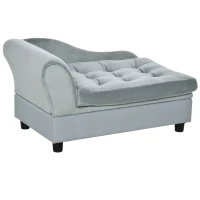 PawHut huisdierenbank met mat, hondenbed, hondenmat, hondenbank met opbergruimte, natuurlijk hout + pluche, lichtgrijs, 76 x 45 x 41,5 cm(m-11)