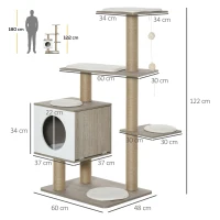 PawHut Kratzbaum Katzenbaum Kletterbaum für Katzen Mehrstufiges Multiaktivitätszentrum mit Katzenhöhle Rampe Weichkissen E1 MDF Hellgrau 60 x 48 x 122 cm(m-3)