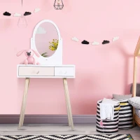 HOMCOM® Toaletka Dla Dzieci Stół Kosmetyczny Biurko Lustro 2 Szuflady Lite Drewno(m-2)
