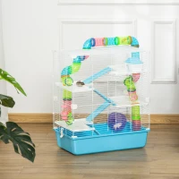 PawHut kleine dierenkooi hamsterkooi muizenkooi met oprit en loopwiel 5-niveau kooi voerbak voor kleine huisdieren drinkfles staaldraad kunststof PS lichtblauw + wit 59 x 36 x 69 cm(m-10)