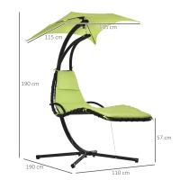 Outsunny Hängeliege mit Sonnendach, Hängesessel mit Kopfkissen, Hängeschaukel, Schwingliege, Metall Polyester, Grün, 190 x 115 x 190 cm(m-3)