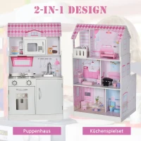 Drewniany domek dla lalek i kuchnia dla dzieci 2 w 1 3 kondygnacje z akcesoriami wiek powyżej 3 lat(m-4)