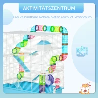 PawHut kleine dierenkooi hamsterkooi muizenkooi met oprit en loopwiel 5-niveau kooi voerbak voor kleine huisdieren drinkfles staaldraad kunststof PS lichtblauw + wit 59 x 36 x 69 cm(m-4)